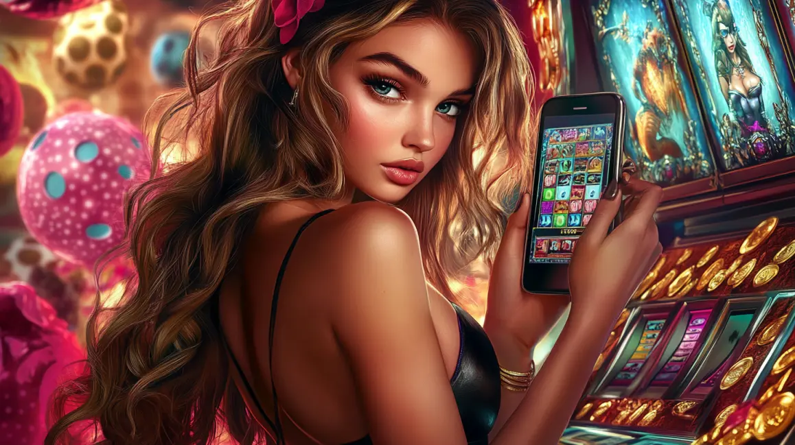 A glamorous woman with curly hair holds a smartphone showing a vibrant slot game, with dice and chips floating around, inviting you to play exciting mobile casino games at ROYALMANILA.