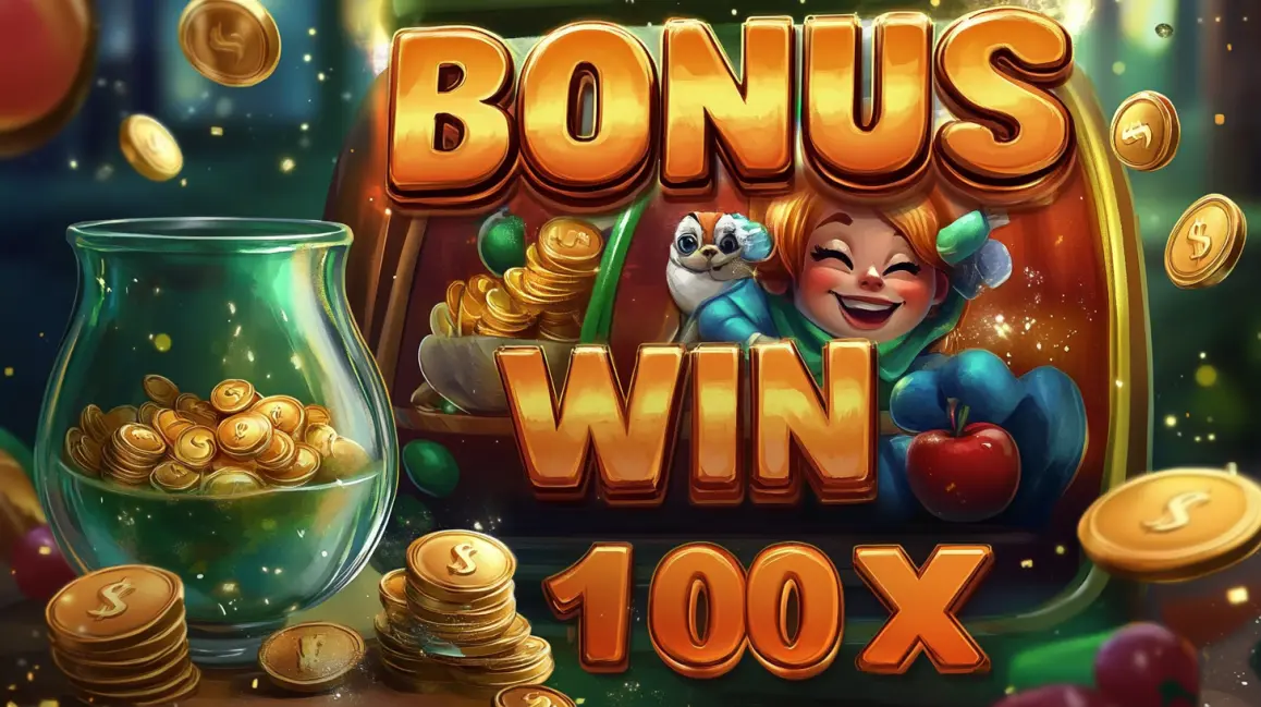 A happy woman with curly black hair holds cash, with a large 'BONUS' sign, as casino chips, cards, and money are flying around, celebrating a win at ROYALMANILA.