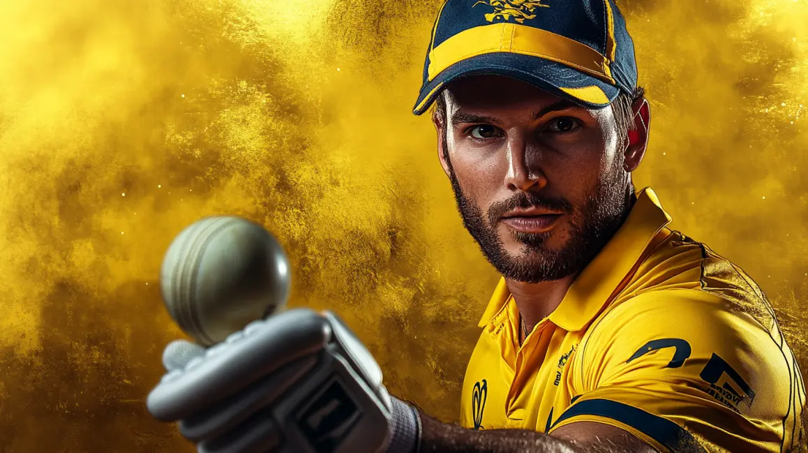 A handsome cricket player in a tropical setting represents the international cricket matches from around the world that you can bet on with the ROYALMANILA sports app.