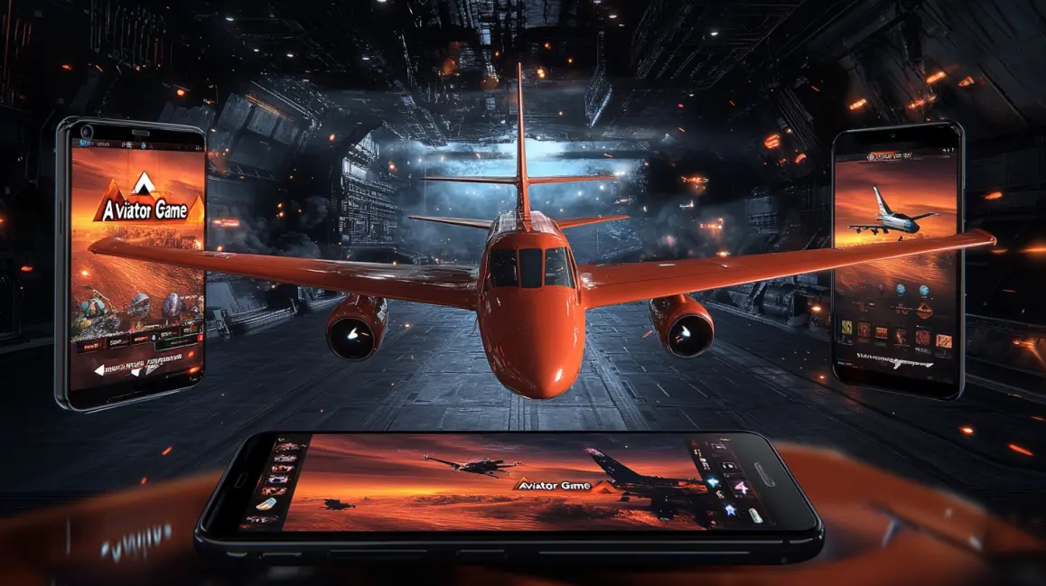 A woman in a pink dress holds a phone showing the 'Aviator Game', with a 777 slot machine nearby, blending classic casino fun with modern crash game excitement at ROYALMANILA.