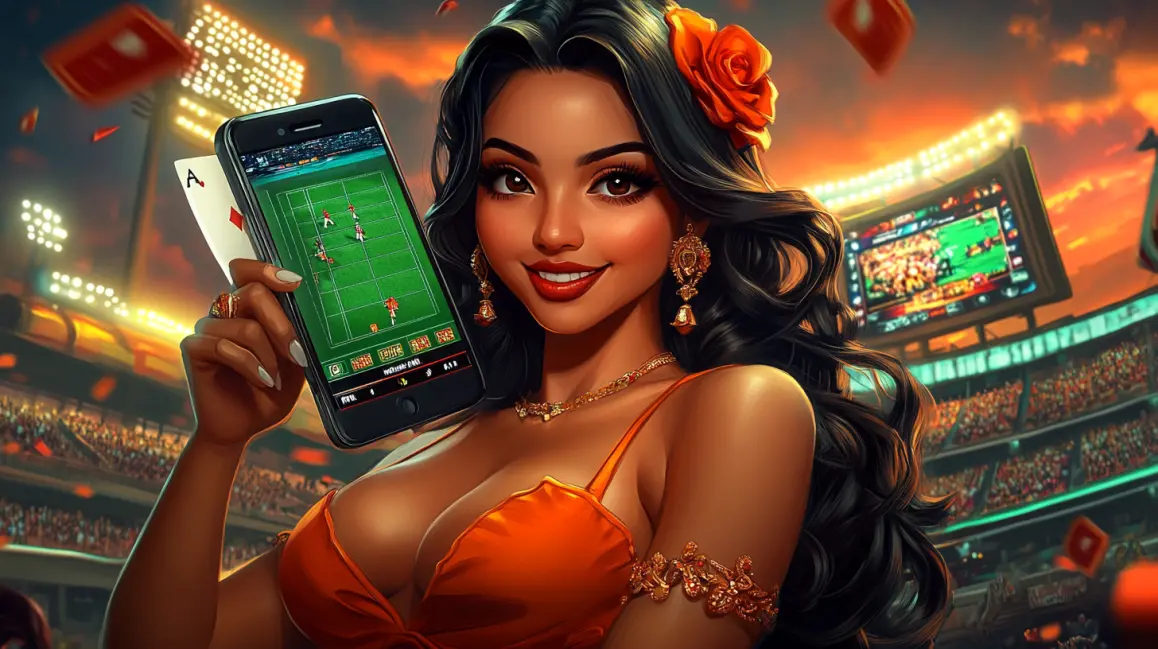 A stylish woman with blue hair and sunglasses holds a phone with a 'LOGIN' button, inviting you to sign in to your ROYALMANILA account for a fun and rewarding tropical gaming session.