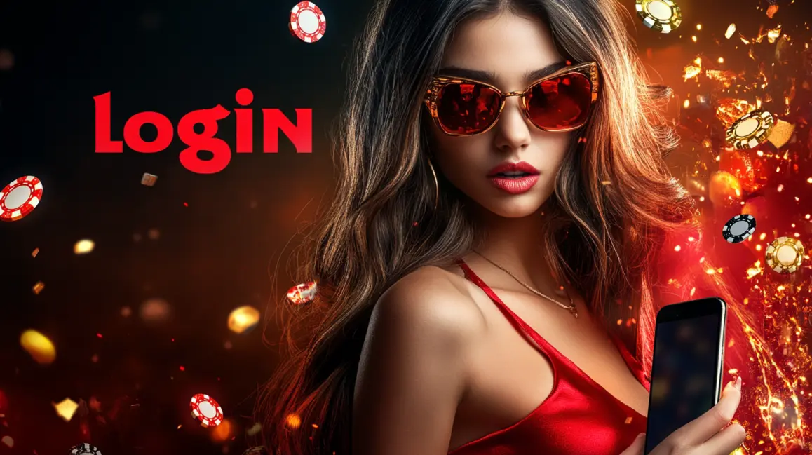 An animated woman is framed by a phone screen showing a 'LOGIN CASINO' sign, inviting you to sign in to the fun and vibrant world of ROYALMANILA online casino games.