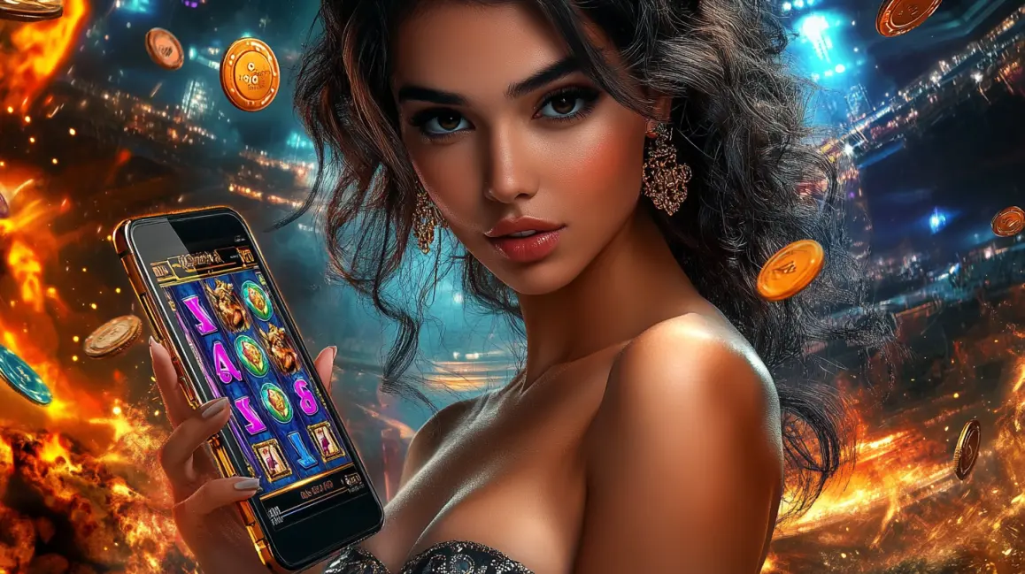 A stylish woman holds a phone with a fun slot game, with the word 'APP' in large letters, inviting you to download the ROYALMANILA app for a vibrant gaming experience.